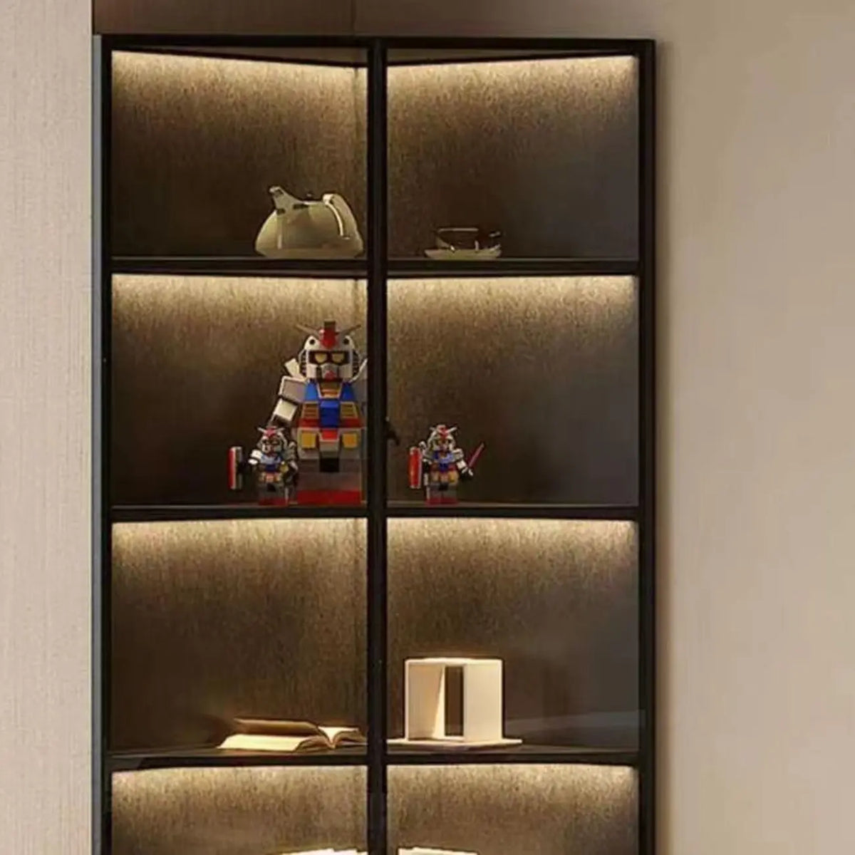 Modernes graues Eck-Standregal aus Metall und Holz mit Glastür