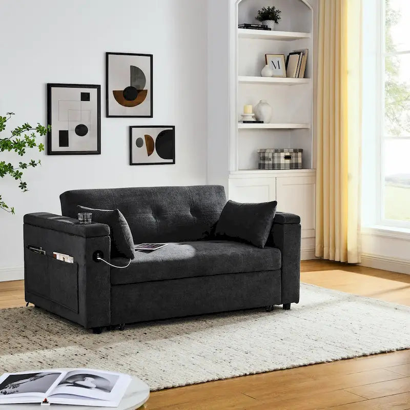 54 Schlafsofa zum Ausziehen, 2-Sitzer-Schlafsofa mit Stauraum, Lendenkissen, USB-Steckdose