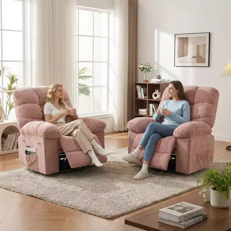 Massage-Liegesessel mit Heizfunktion – 360° drehbarer Schaukelstuhl, überdimensioniertes Einzelsitzer-Sofa mit Vibration, USB-Anschluss und Aufbewahrungstaschen für Wohnzimmer/Schlafzimmer