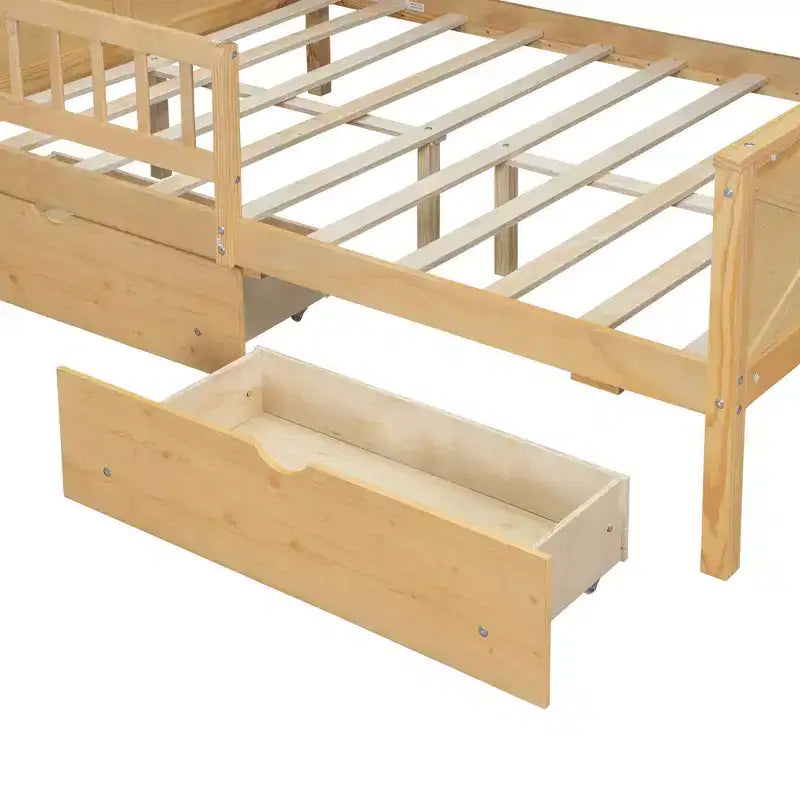 Hausbettgestell in voller Größe mit Schubladen, Haus-Plattformbett mit LED-Beleuchtung, Ablagefächern und Schubladen, Tagesbett aus Holz mit Dach und Geländer