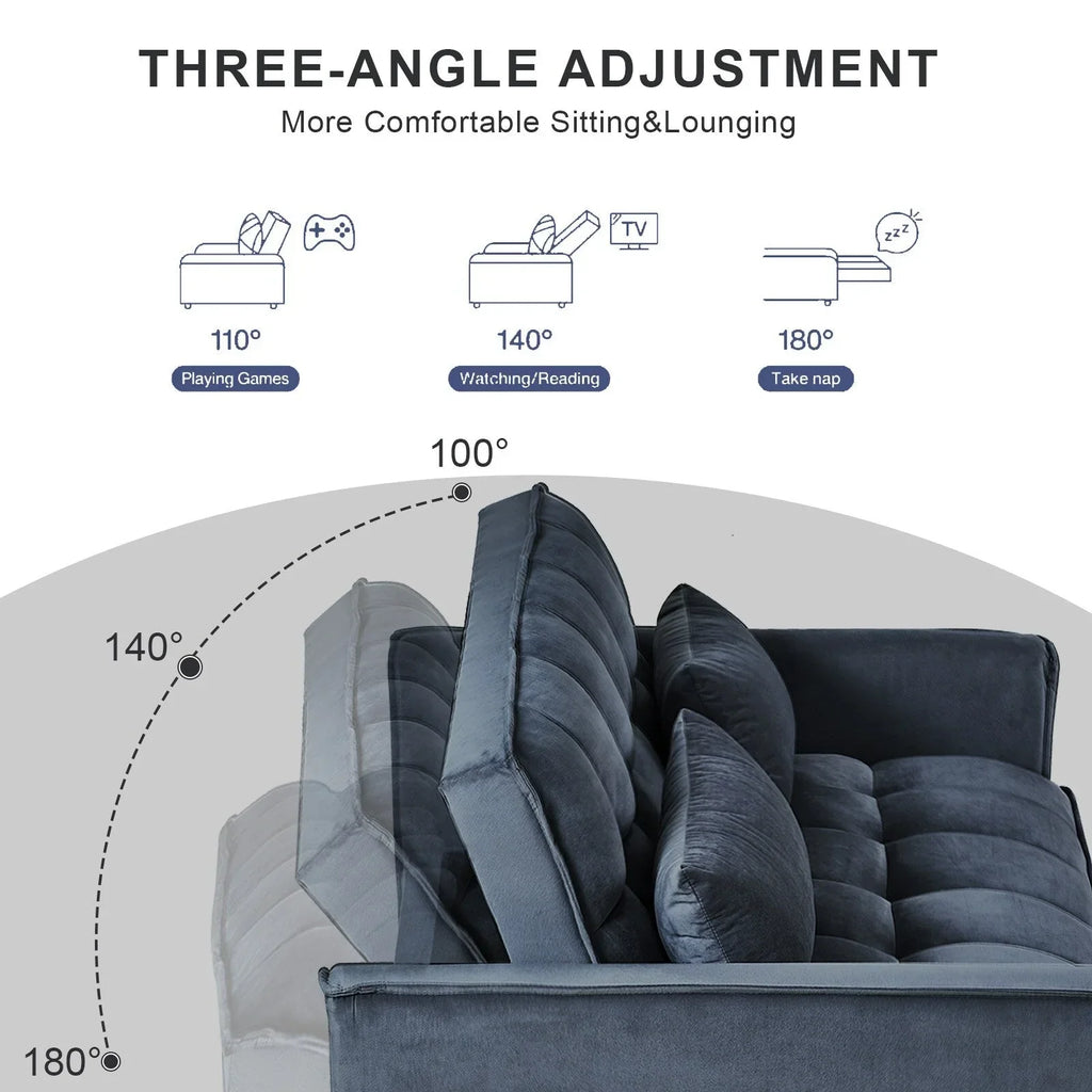 Modernes Schlafsofa zum Ausziehen, 3-in-1 Schlafsofa mit verstellbarer Rückenlehne, Samt-Zweisitzer, Kissen & Seitentaschen