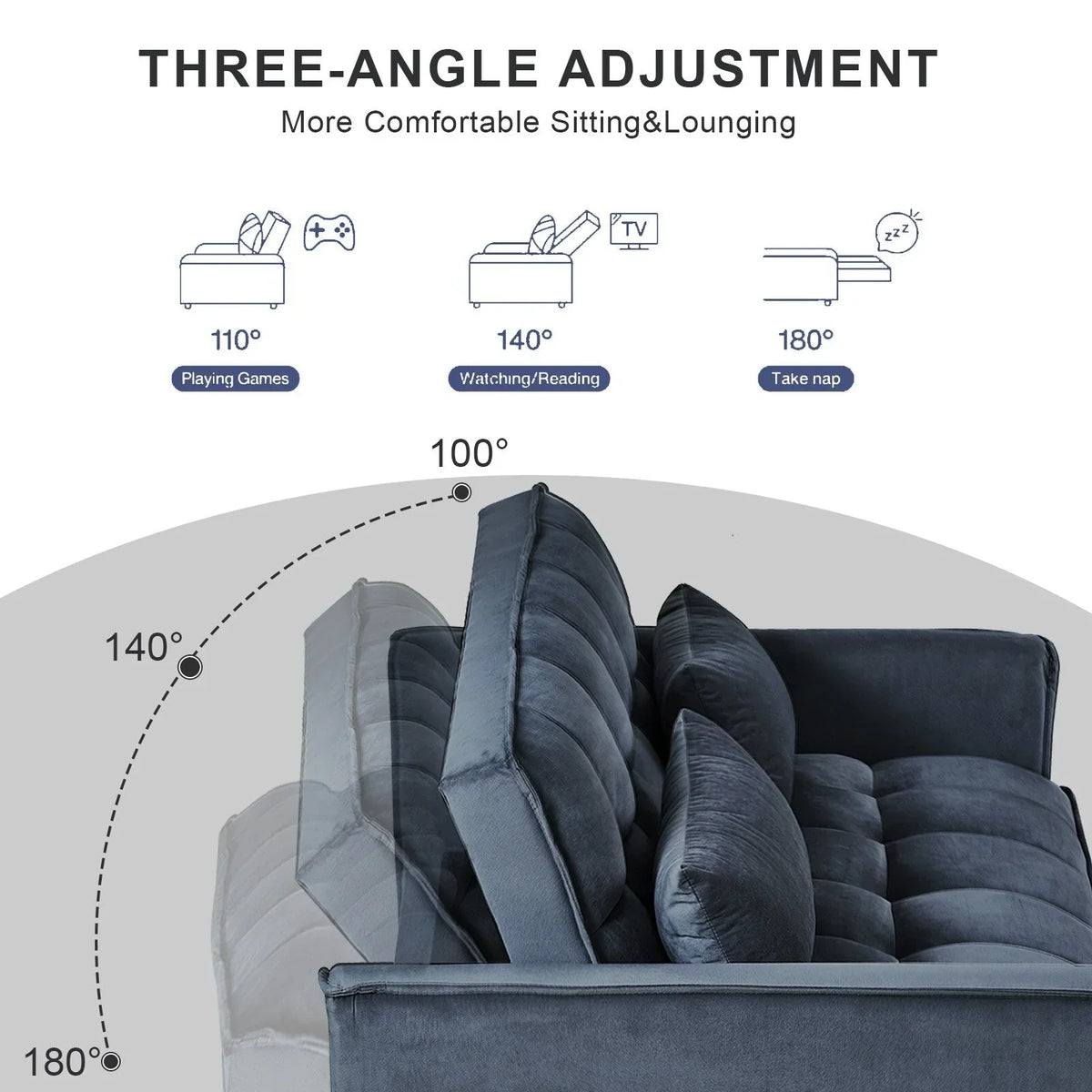 Modernes Schlafsofa zum Ausziehen, 3-in-1 Schlafsofa mit verstellbarer Rückenlehne, Samt-Zweisitzer, Kissen & Seitentaschen