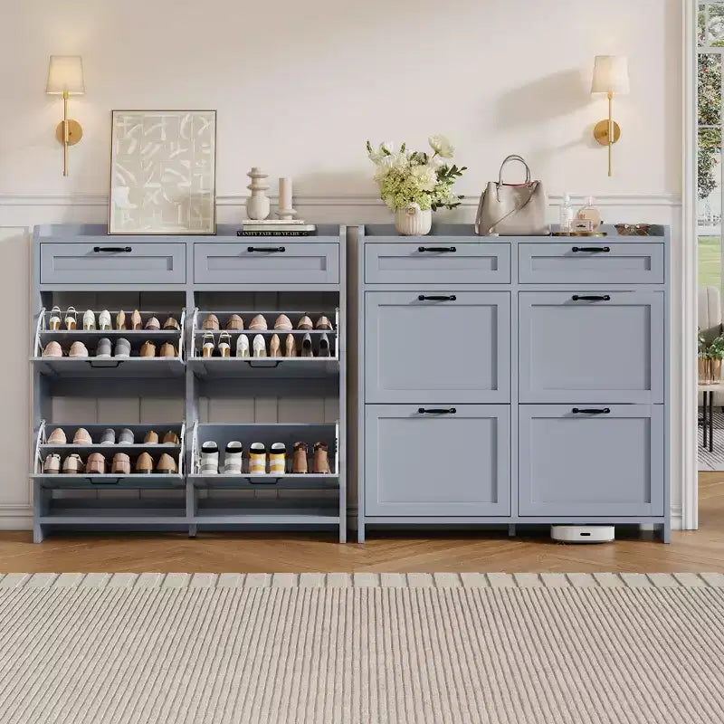 Schuhschrank mit 4 Klappfächern und 2 oberen Schubladen, Schuh-Organizer-Schrank aus Holz mit verstellbarem Regal, freistehende Schuhaufbewahrungsschränke