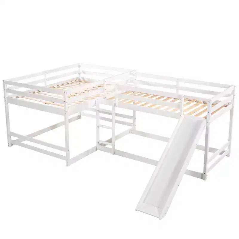 L-förmiges Etagenbett für 4 Kinder, Vierfach-Etagenbett mit Rutsche, Voll- und Twin-Holzrahmen für Schlafzimmer/Wohnheim
