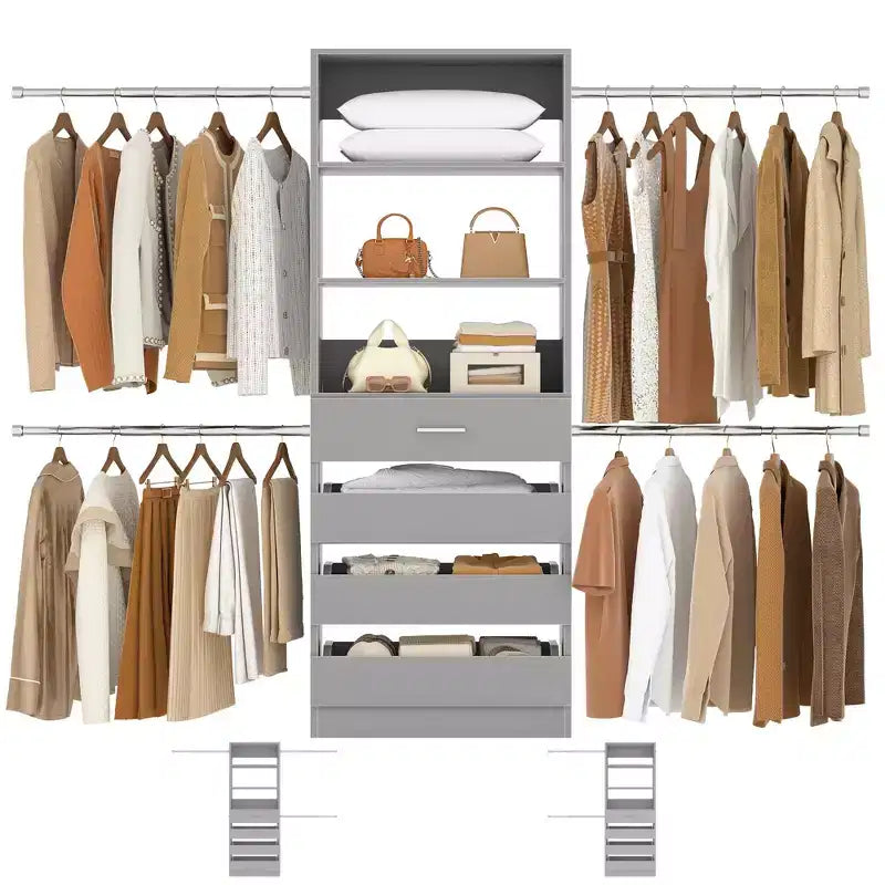 Besiost 4-9 Fuß Kleiderschranksystem aus Holz mit 4 Schubladen, 4 Kleiderstangen und Regaltürmen