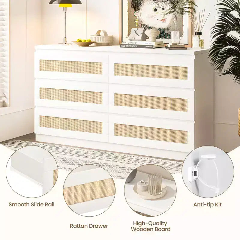 Rattan-Kommode für Schlafzimmer mit 6 Schubladen, 47" moderne Farmhouse breite Kommode, Holz-Aufbewahrungsschrank-Organizer für Kleiderschrank, Wohnzimmer, Flur
