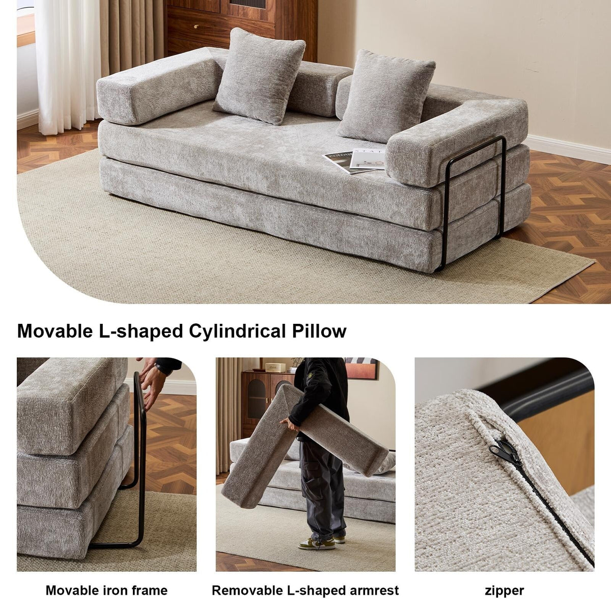 Umwandelbares Bodenschlafsofa mit Rückenkissen, Chenille-Gewebe für Wohnzimmer Schlafzimmer