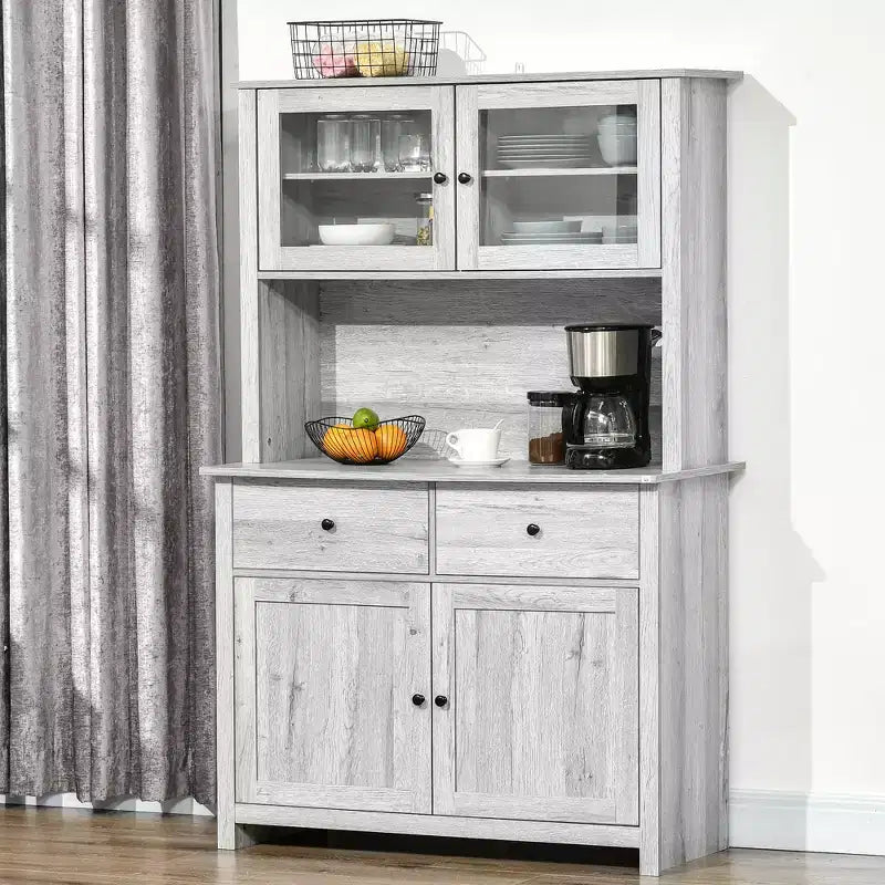 HOMCOM Küchenbuffet 63,5 mit Aufsatz, Vorratsschrank mit 4 Einlegeböden, Schubladen, gerahmten Glastüren, offener Mikrowellenablage