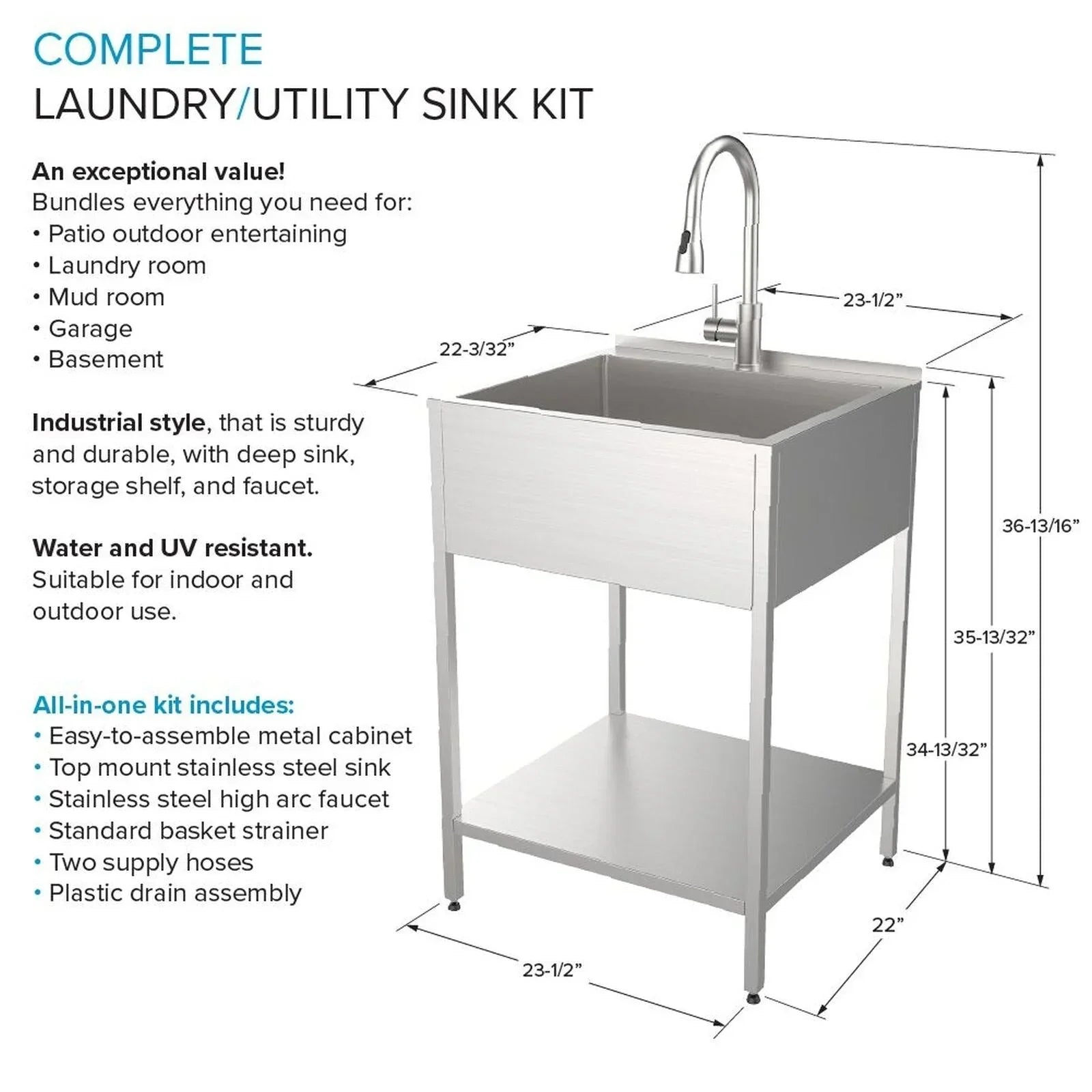 61 cm B x 56 cm T x 89 cm H Waschbecken aus Edelstahl mit Unterschrank