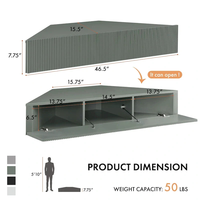 47 Eck-TV-Schrank, schwebend, 3 Ablagen, Transitional Style, platzsparende Wandmontage
