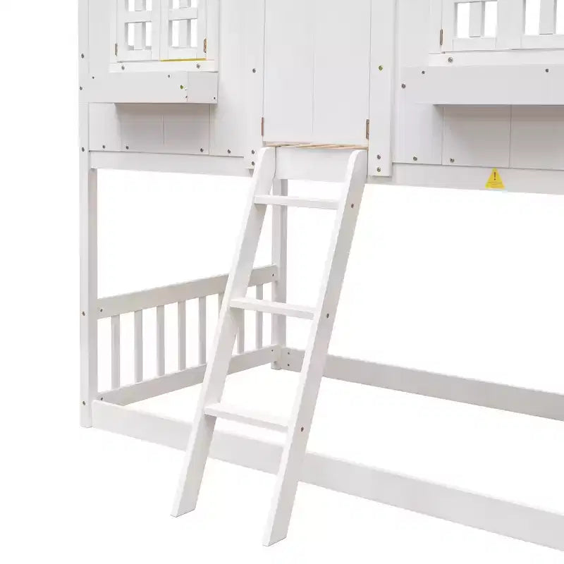 Doppel-Loftbett in Hausform, Holzspielhaus-Loftbett mit Leiter und Schutzgittern für Kinder