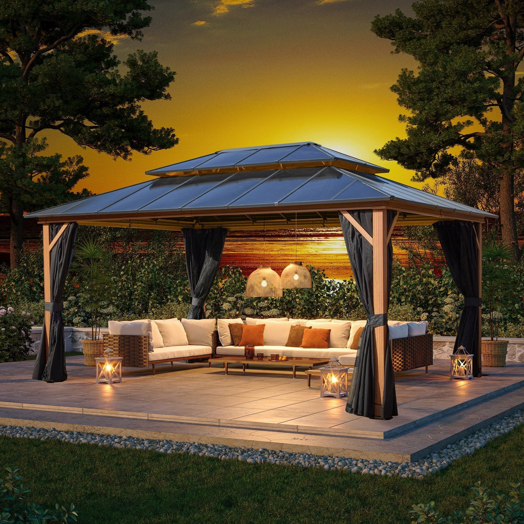 EROMMY Hardtop-Pavillon, Outdoor-Pergola mit Doppeldach & Netzen & Vorhängen, Hochleistungs-Canopy für Terrasse, Garten, Poolparty