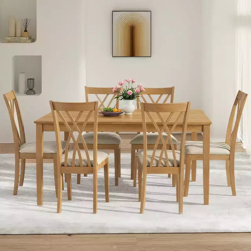 Zevemomo 7-teiliges Esszimmerset aus Massivholz mit 6 gepolsterten Stühlen, platzsparendes Esszimmertisch- und Stuhlset, für Esszimmer, Küche, Naturholzfarbe