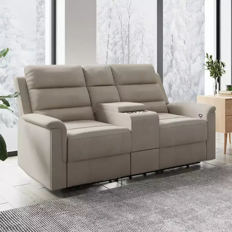 Beige/Graues 2-Sitzer Sofa mit Relaxfunktion aus Tech-Stoff, verstellbare Rückenlehne & Fußstütze
