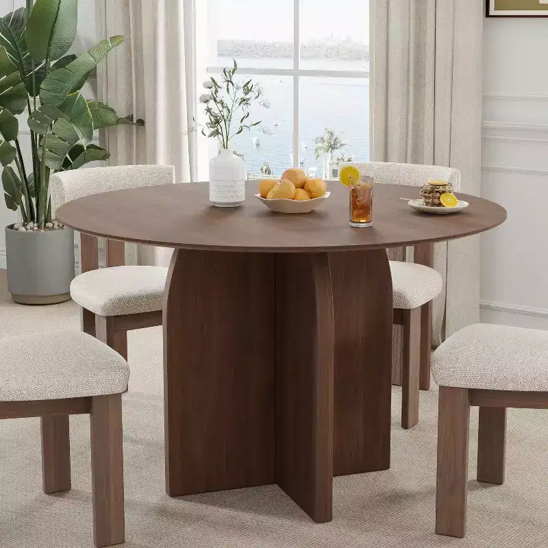 PexFix 45 x 45 runder Esstisch aus Massivholz mit Walnuss-Finish und eleganten gewölbten Beinen für moderne Esszimmer & Küchen