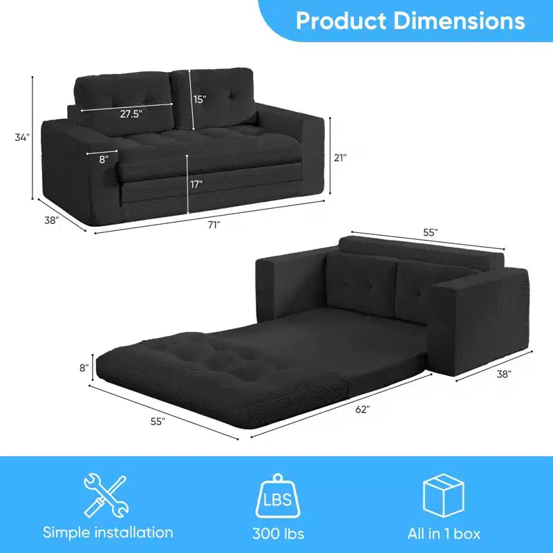 Mjkone 71" 2-in-1 Schlafsofa, umwandelbar, gerippter Stoff, klappbares Zweisitzer-Schlafsofa mit geknöpften Polstern, platzsparend
