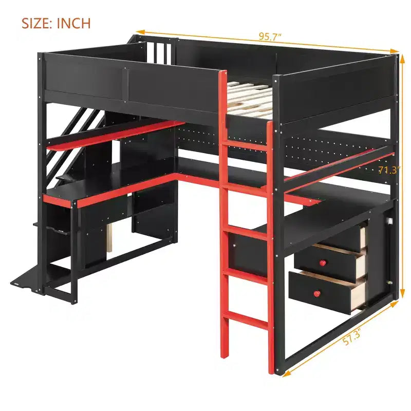 GDFStudio Scott hölzernes Gaming-Hochbett mit Stauraumtreppe, Schreibtisch, Regalen und Lochwand