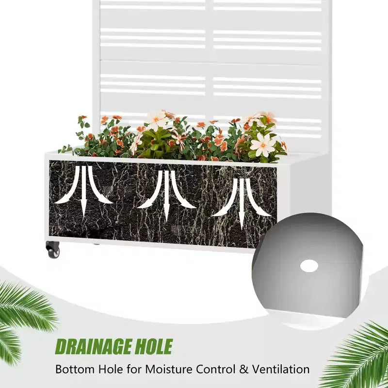 MAYEERTY Rechteckiger Pflanzkasten aus weißem Schmiedeeisen mit Spalier (Harold Wide-Narrow B Louvered), 72x35x16, 5-teilige Garten-Deko für Innen und Außen