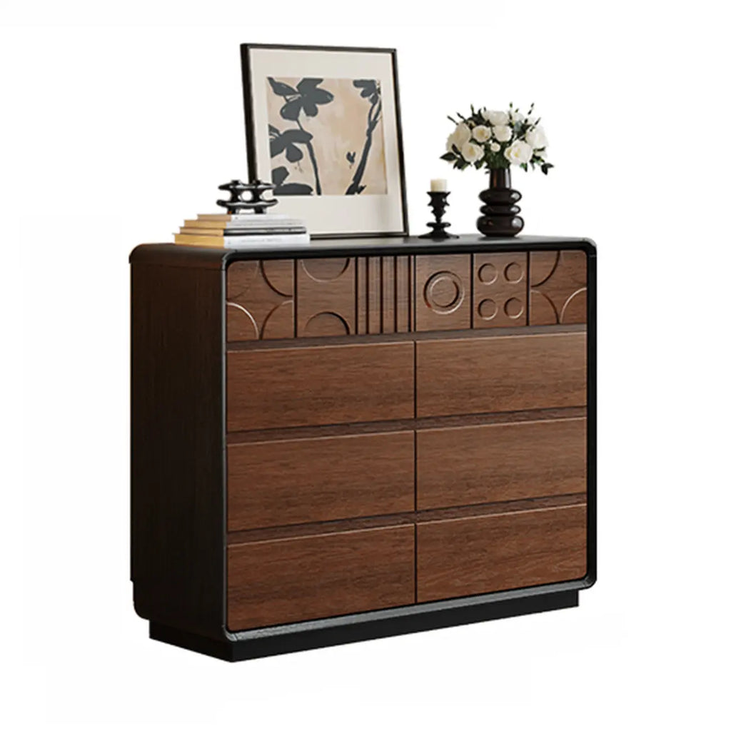 Art-déco-inspirierte Holzkommode mit geometrischen Schnitzereien