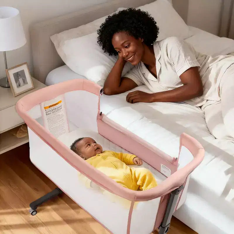 Baby-Beistellbett mit Rollen – Beige / Grau / Rosa, Bettschläfer, für 1 Baby