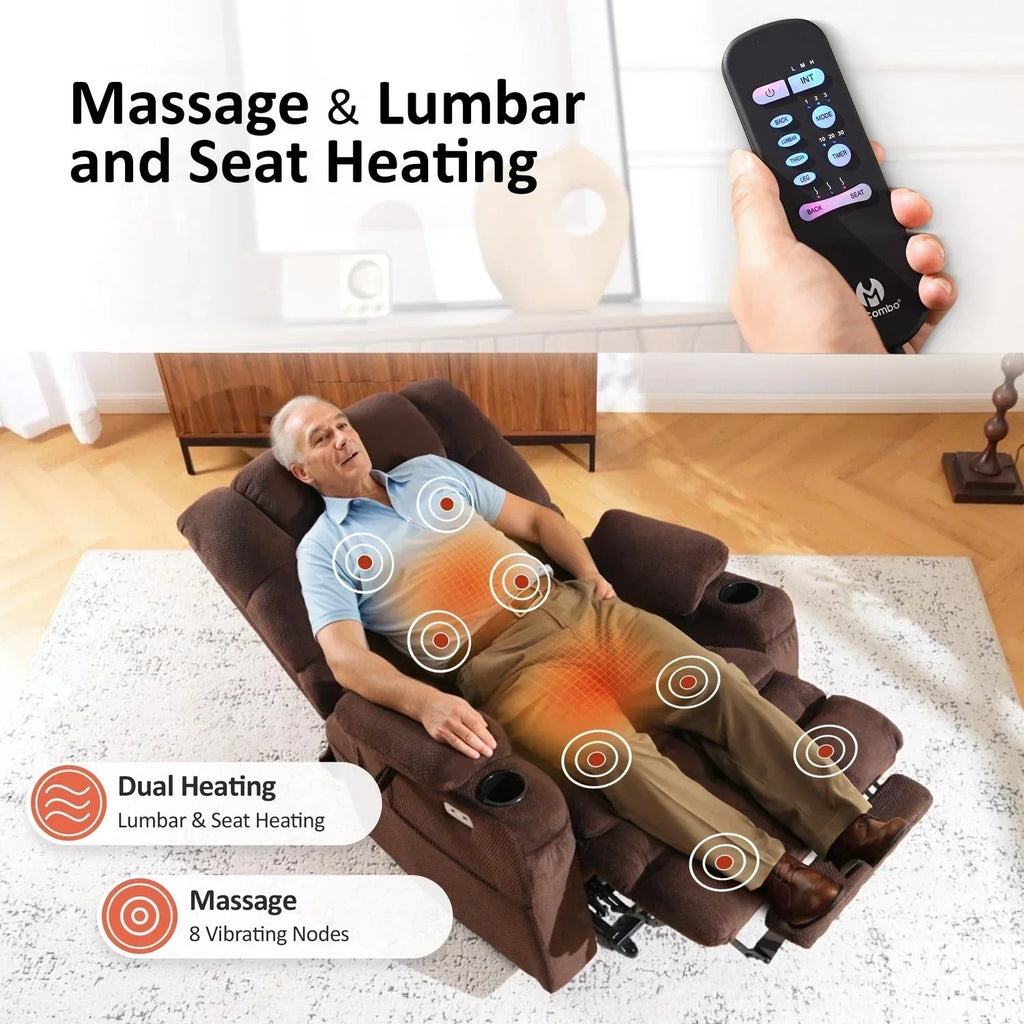 MCombo Großer, breiter Power-Lift-Liegesessel mit zwei Motoren, Massage und dualer Heizung für große und korpulente Senioren, Stoff R7635