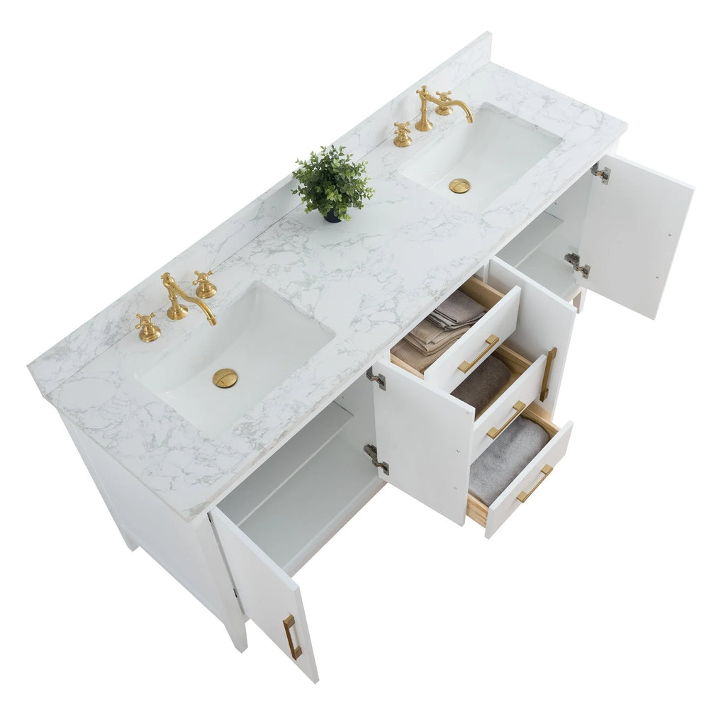 Vanity Art 72 Zoll Badezimmer-Waschtischunterschrank mit Doppelwaschbecken und Kunstmarmorplatte