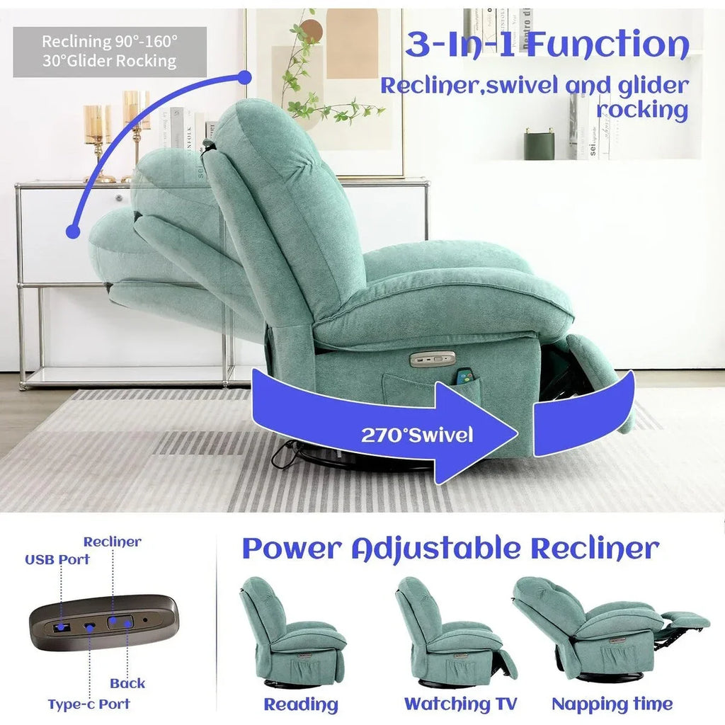 XINMICS Drehbarer elektrischer Relaxsessel, Massage-Schaukel-Liegesessel mit Heizfunktion, USB, USB-C und Seitentasche