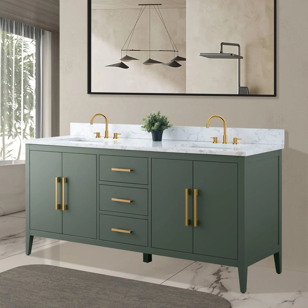 Vanity Art 72 Zoll Badezimmer-Waschtischunterschrank mit Doppelwaschbecken und Kunstmarmorplatte