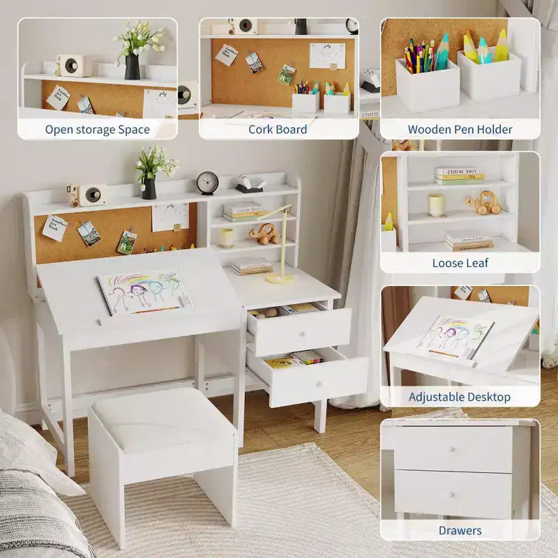 Kinder Schreibtisch und Stuhl Set, Holz Lerntisch mit verstellbarer Neigungsplatte, Schubladen & Korktafel - Schul-Lernschreibtisch Set für Kinder
