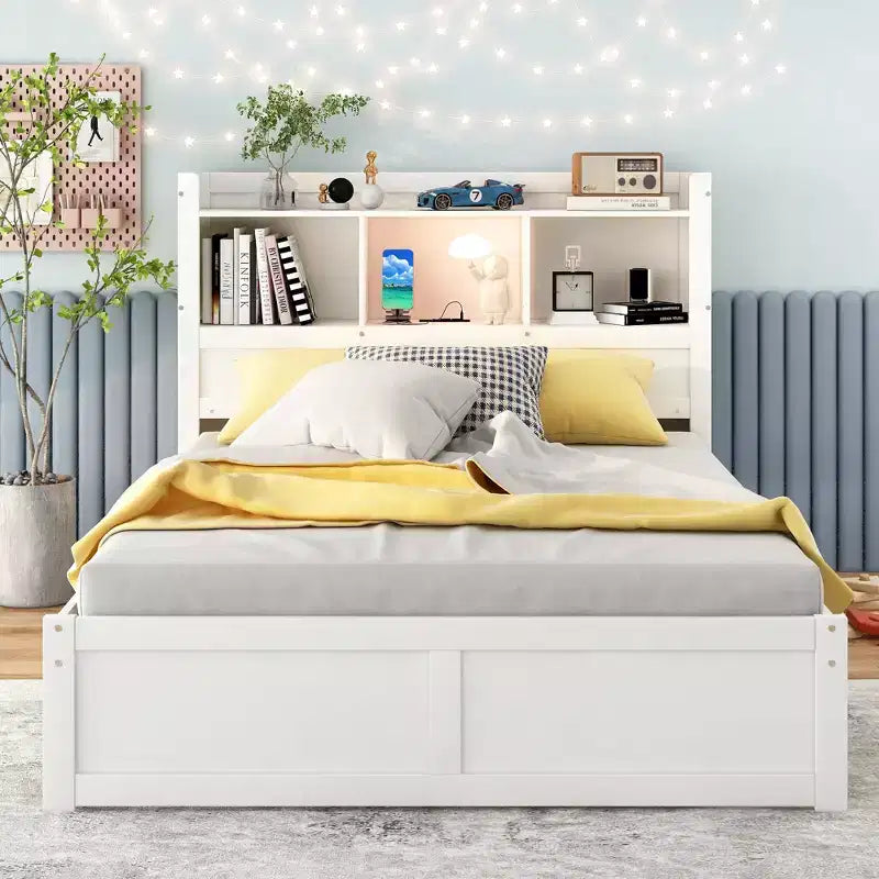 Plattformbett in voller Größe mit Stauraum, Ausziehbett, Kopfteil mit Bücherregal und Ladestation, Bettgestell aus Holz in voller Größe mit Regalen und Schubladen