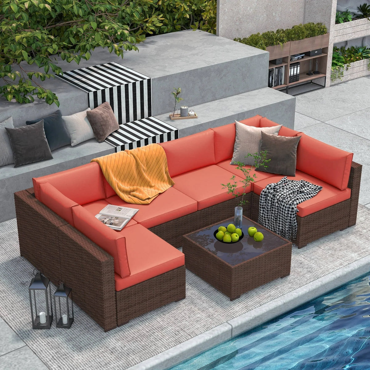 7-teiliges Outdoor-Sofa-Set aus Korbweide/Stahl mit Polstern