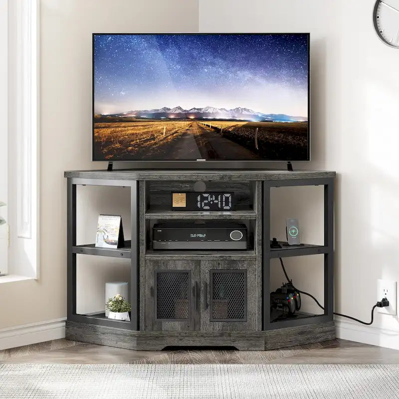 Farmhouse Eck-TV-Ständer Unterhaltungscenter Medienkonsole für Fernseher bis 55 Zoll mit Steckdose
