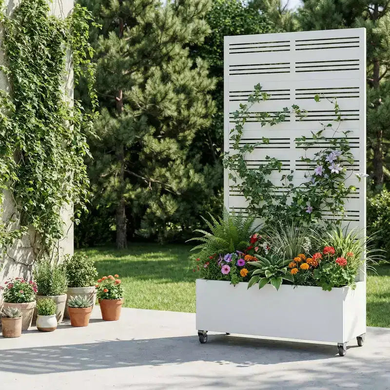MAYEERTY Rechteckiger Pflanzkasten aus weißem Schmiedeeisen mit Spalier (Harold Wide-Narrow B Louvered), 72x35x16, 5-teilige Garten-Deko für Innen und Außen
