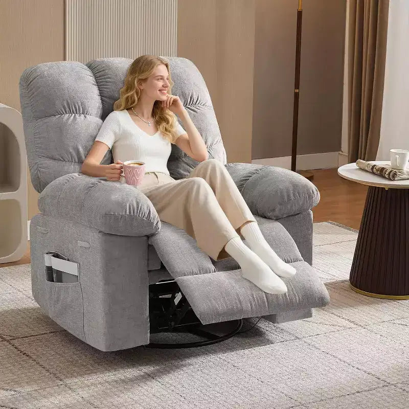 Massage-Liegesessel mit Heizfunktion – 360° drehbarer Schaukelstuhl, überdimensioniertes Einzelsitzer-Sofa mit Vibration, USB-Anschluss und Aufbewahrungstaschen für Wohnzimmer/Schlafzimmer