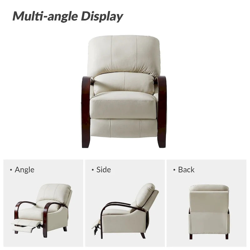 Alex Mid-Century Modern Zigarren-Sessel aus echtem Leder mit manueller Relaxfunktion und geschwungenen Holzarmlehnen