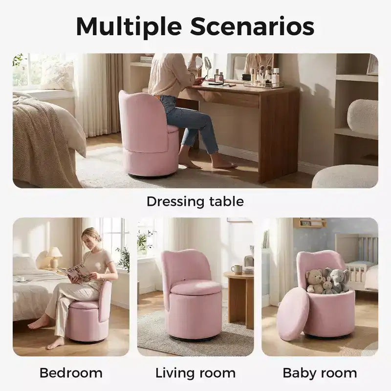 Drehbarer Schminkstuhl mit Stauraum, gepolsterter runder Make-up-Hocker mit Rückenlehne, weich gepolsterter Fass-Akzent-Sessel für Schlafzimmer und Wohnzimmer