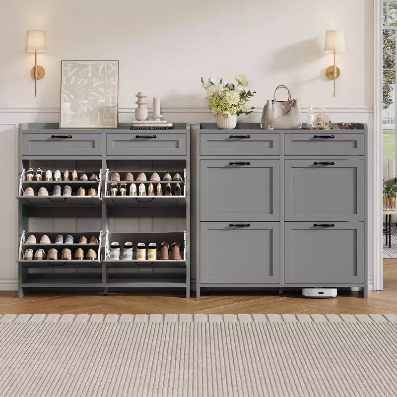Schuhschrank mit 4 Klappfächern und 2 oberen Schubladen, Schuh-Organizer-Schrank aus Holz mit verstellbarem Regal, freistehende Schuhaufbewahrungsschränke