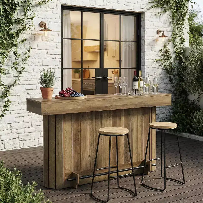 Lantine Bartisch, 160 cm langer Bartisch aus Holz mit Metallfußstütze, Stehtisch mit Ablagefächern für Wohnzimmer, Bistro, Esszimmer (Braun)
