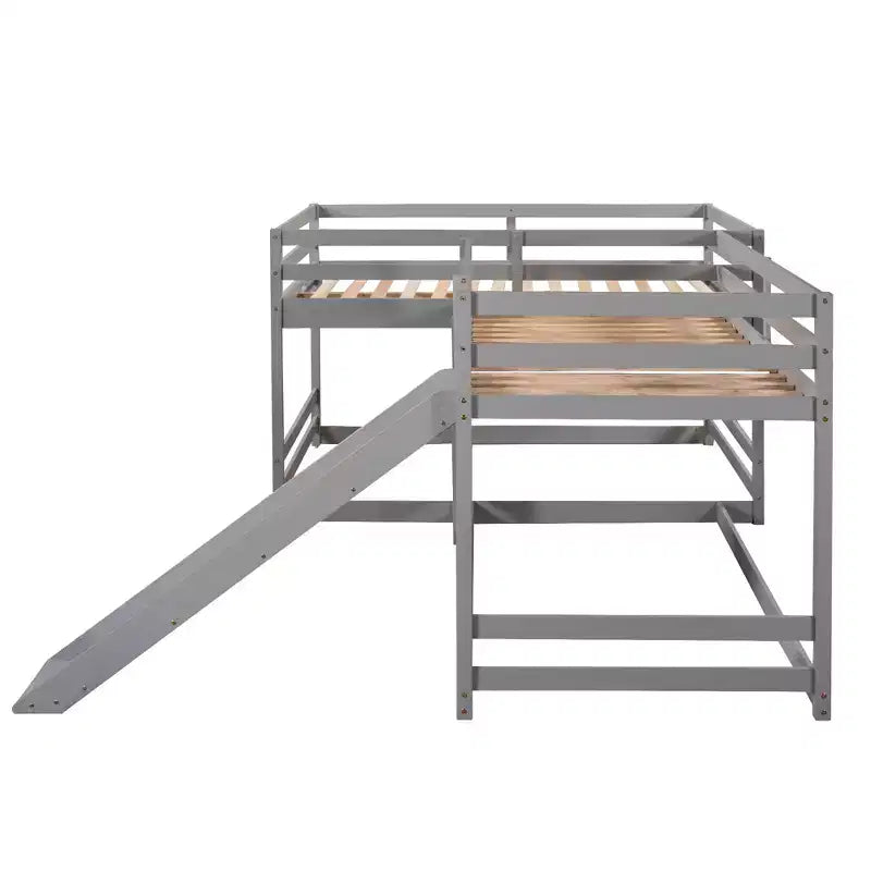 L-förmiges Etagenbett für 4 Kinder, Vierfach-Etagenbett mit Rutsche, Voll- und Twin-Holzrahmen für Schlafzimmer/Wohnheim