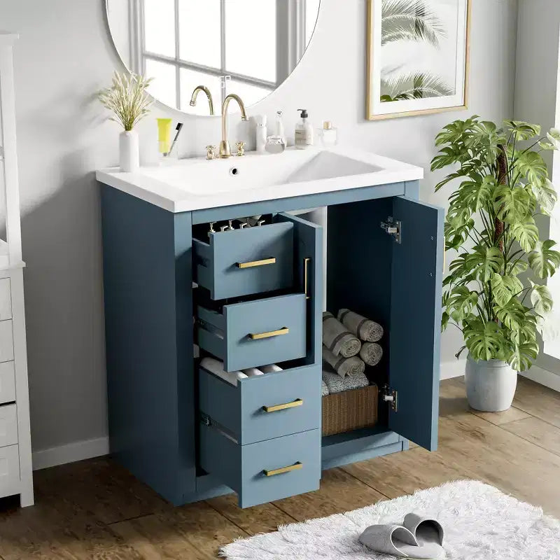 30 Zoll Einzelwaschtisch-Badschrank mit Unterschrank und 3 Schubladen – Schwarz / Blau / Grün / Indigo / Weiß