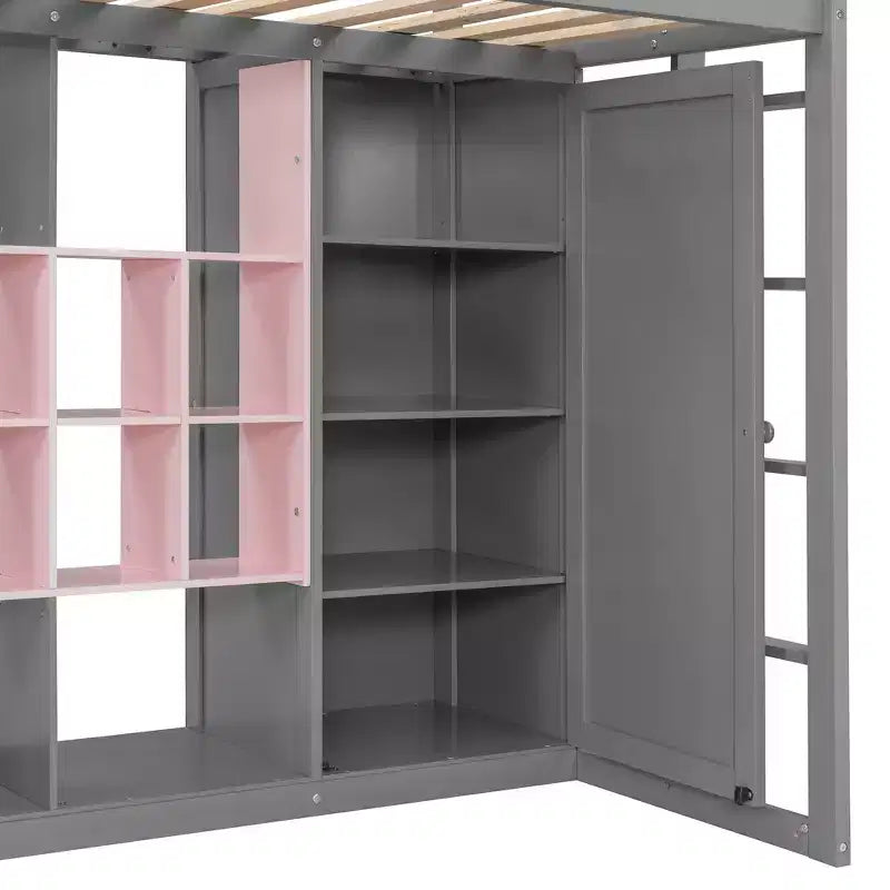 Hochbett für Kinder mit Kleiderschrank und Regalen, Holz-Hochbettgestell mit Aufbewahrungsschrank für Kinder und Jugendliche