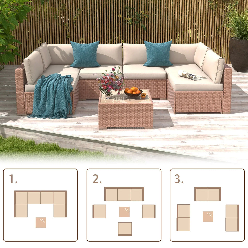 7-teiliges Outdoor-Sofa-Set aus Korbweide/Stahl mit Polstern