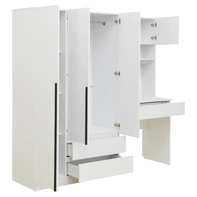 3-in-1 Kleiderschrank mit Schminktisch, Schreibtisch-Set, Schlafzimmer-Schrank mit 2 Schubladen, 3-türiger Aufbewahrungsschrank mit Schreibtisch