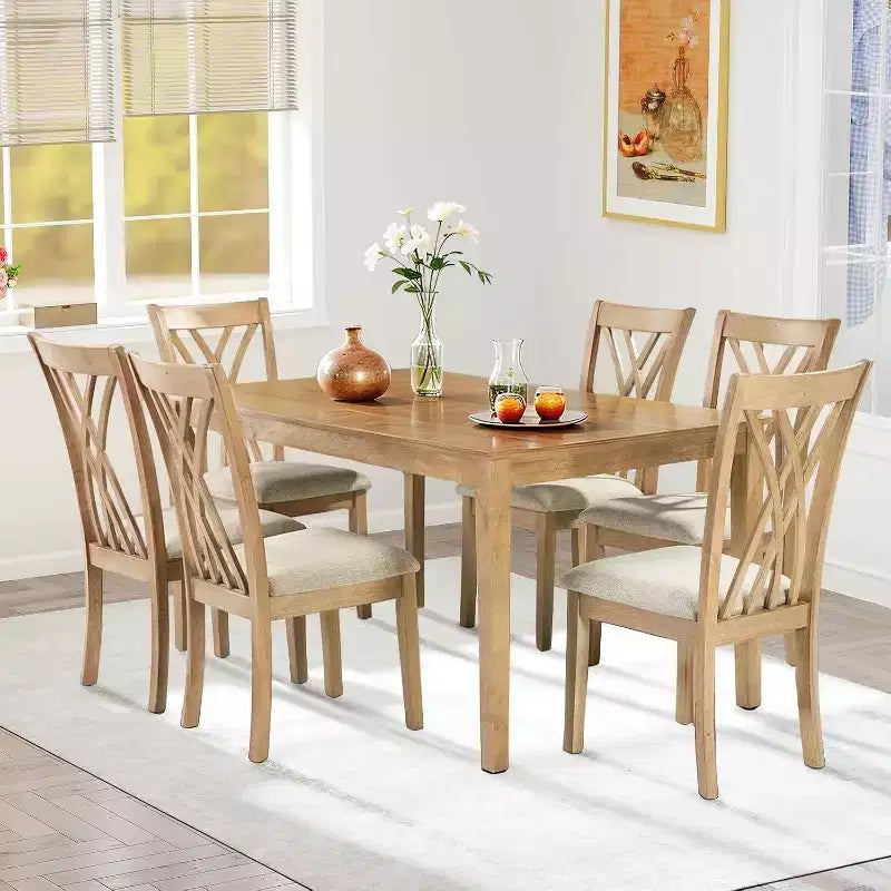Zevemomo 7-teiliges Esszimmerset aus Massivholz mit 6 gepolsterten Stühlen, platzsparendes Esszimmertisch- und Stuhlset, für Esszimmer, Küche, Naturholzfarbe