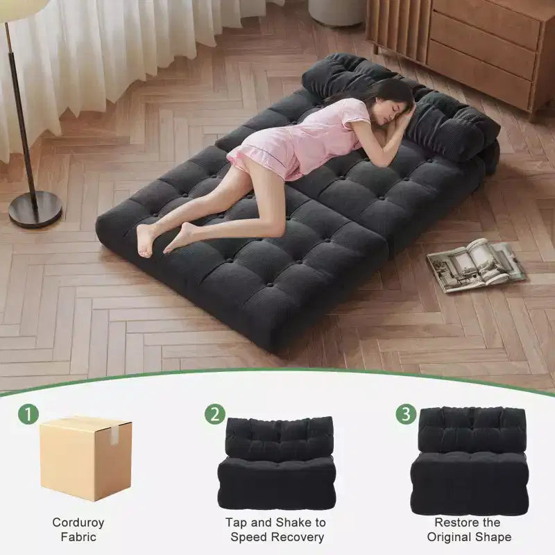 Klappbares Cord-Schlafsofa Futon, wandelbarer Bodenschlafsessel mit Kissen & Rückenlehne