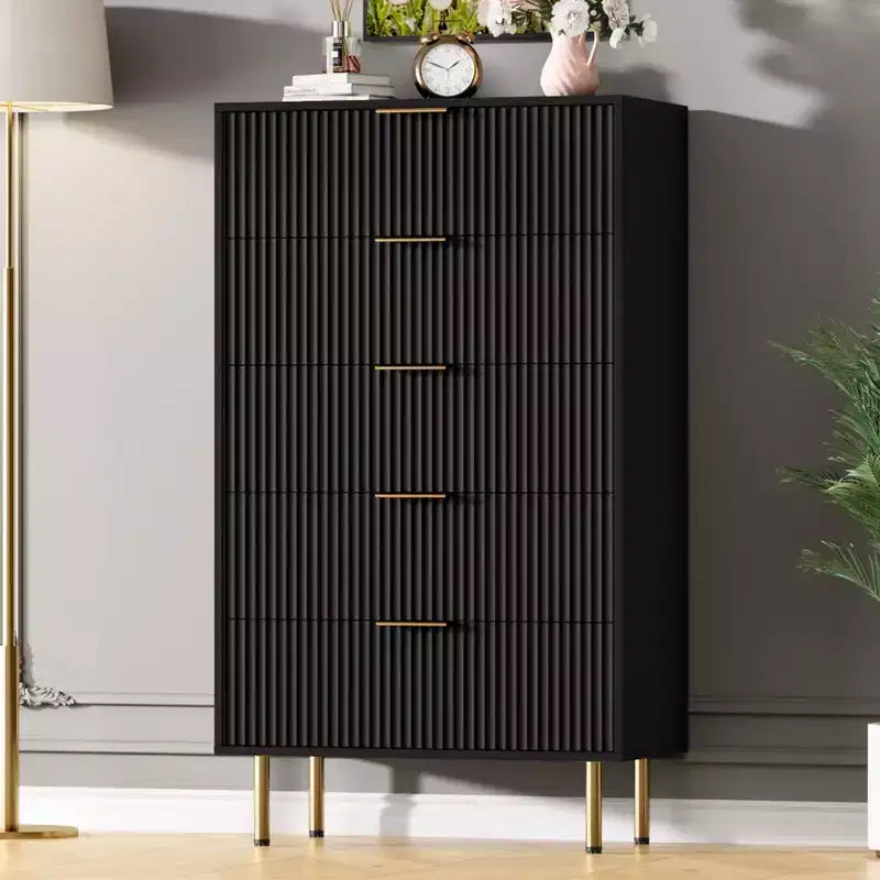 Weiß / Marmor & Holz Kommode mit 5 Schubladen – Geriffelte Platte, für 1 Person