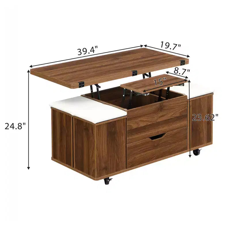 Multifunktionaler moderner Couchtisch mit Hebefunktion, verstecktem Stauraum, 4 Hockern und Rollen, perfekt für moderne Wohnbereiche