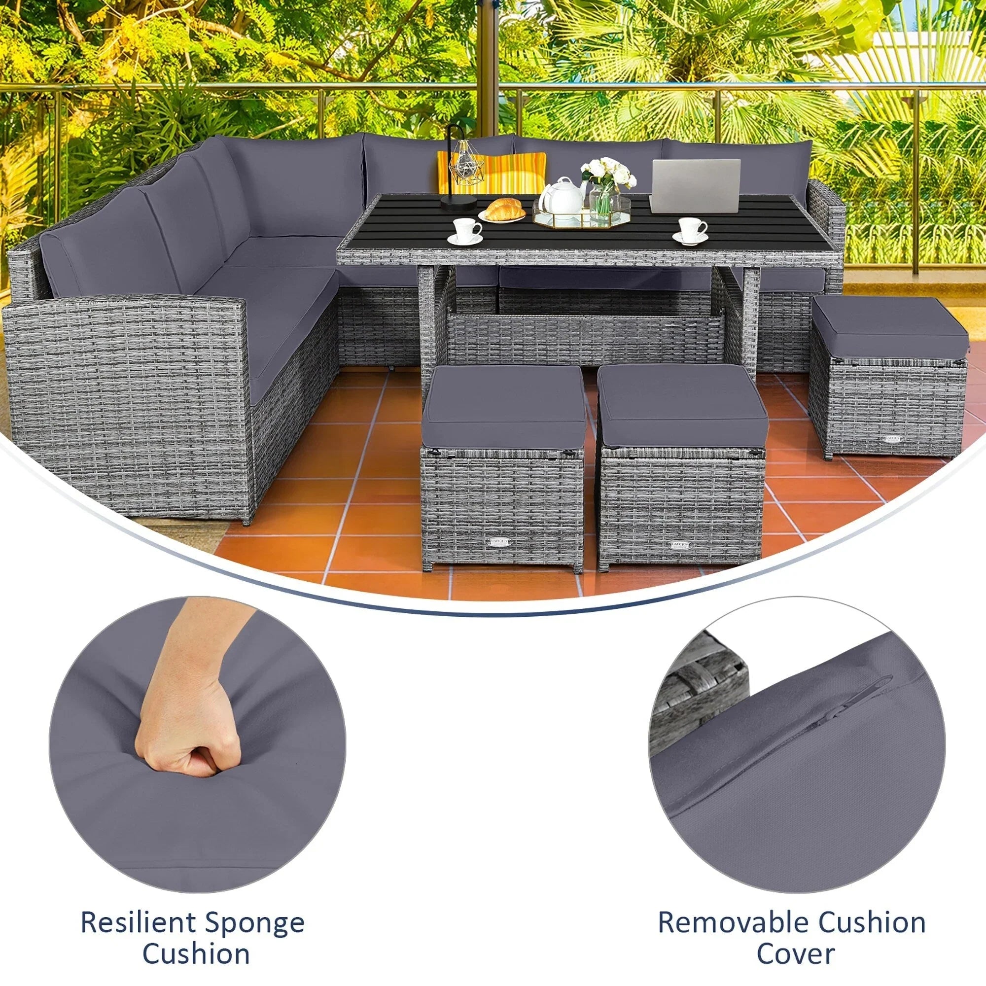Costway 7-teiliges Terrassen-Essgruppe Rattan-Sofa Couch Ottomane – Details ansehen