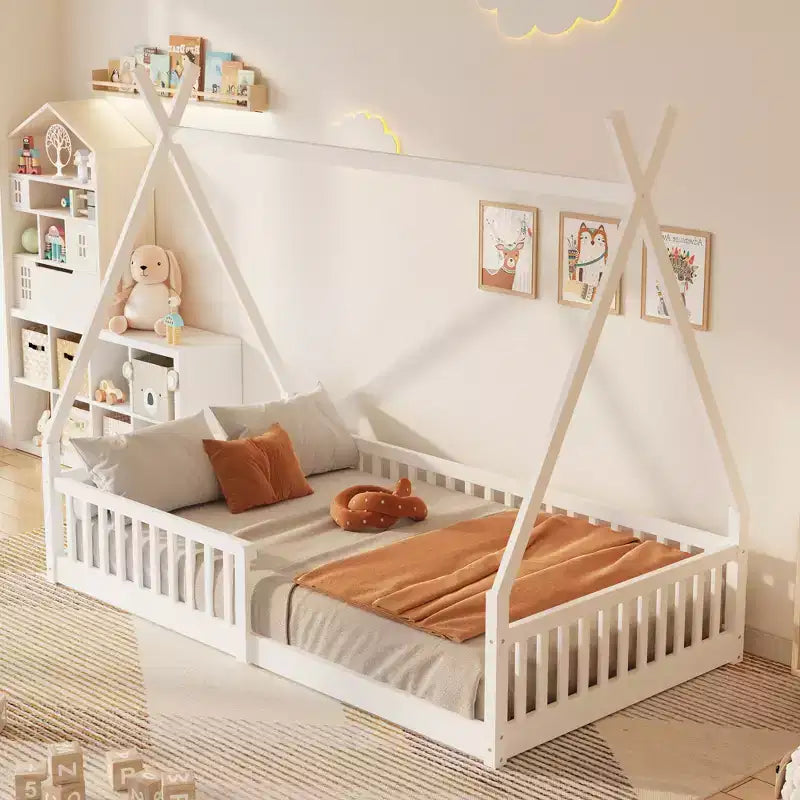 Bodenbett für Kinder, Zeltbetten in Doppelbettgröße, Montessori-Bodenbett mit Lattenrost und Zaungeländer, Holz-Hausbettgestell für Jungen und Mädchen