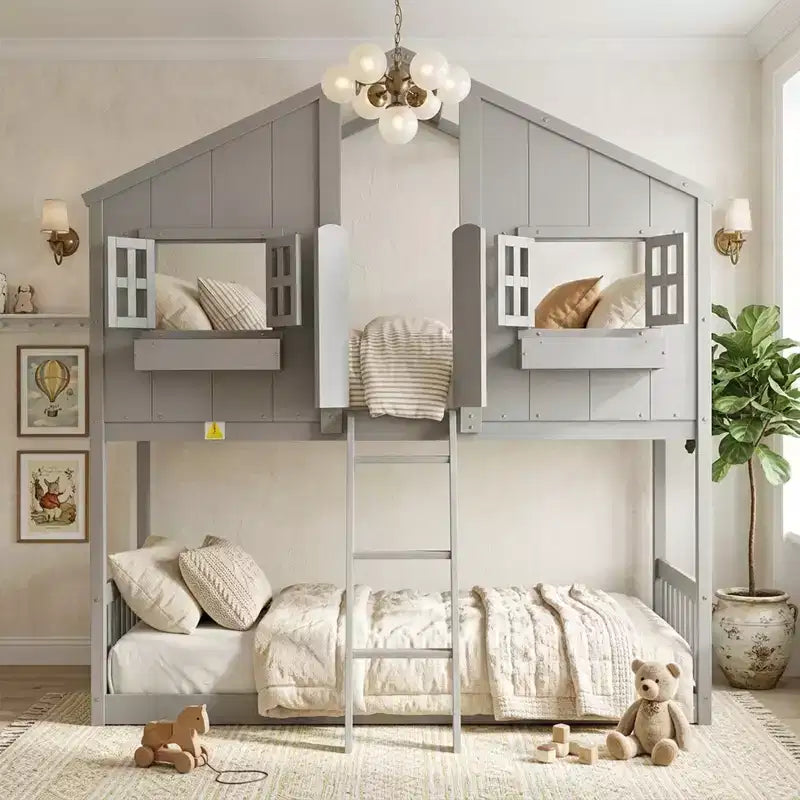 Doppel-Loftbett in Hausform, Holzspielhaus-Loftbett mit Leiter und Schutzgittern für Kinder